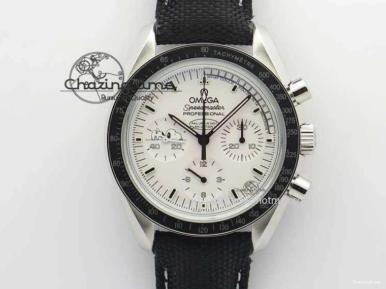 0202 TimelessDesign Speedmaster JHF SS Snoopy Award 45th Anniversary White Dial On Black Nylon Strap 8209